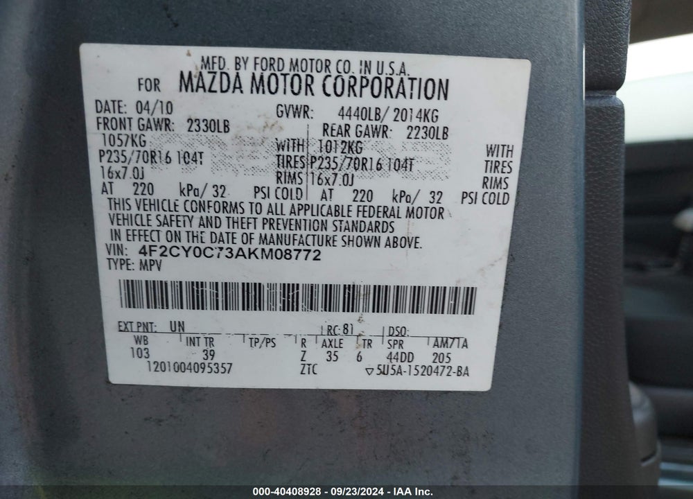 2010 MAZDA TRIBUTE I SPORT VIN: 4F2CY0C73AKM08772