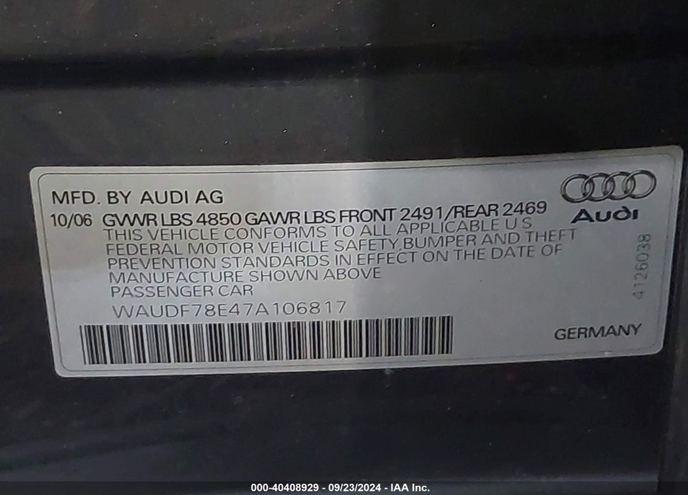 2007 AUDI A4 2.0T VIN: WAUDF78E47A106817