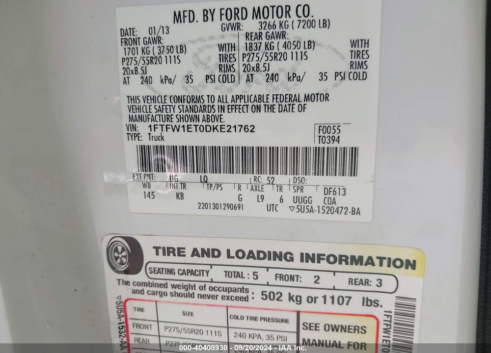 2013 FORD F-150 KING RANCH VIN: 1FTFW1ET0DKE21762