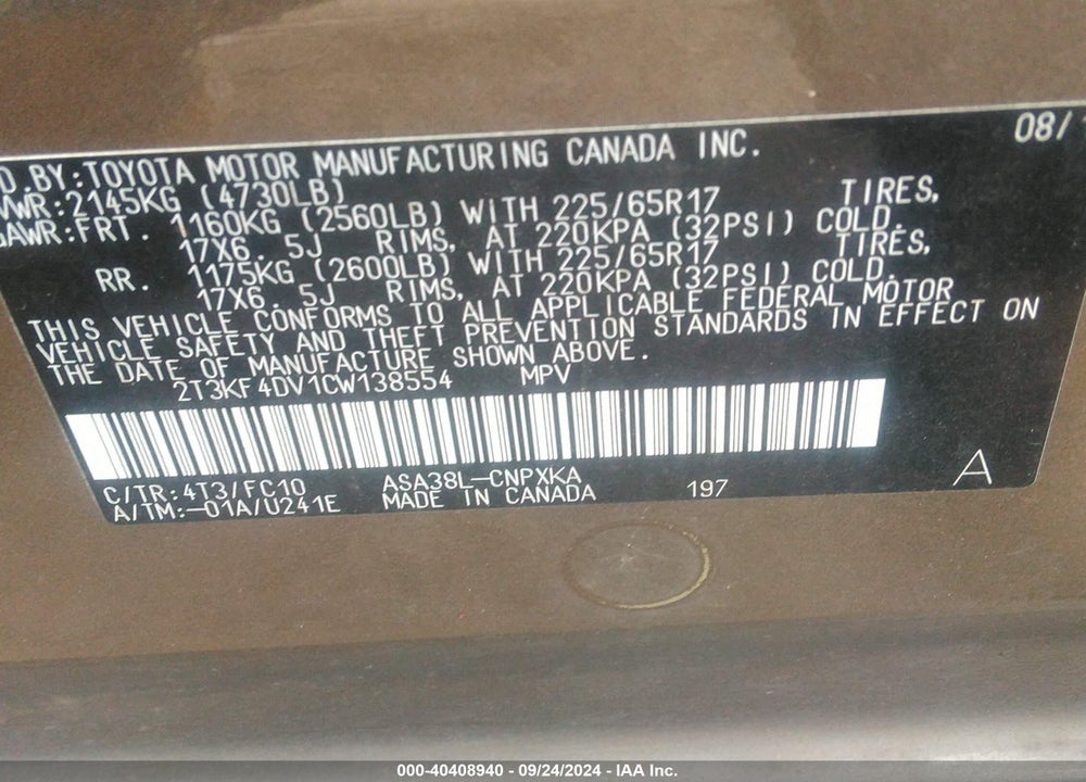 2012 TOYOTA RAV4 VIN: 2T3KF4DV1CW138554