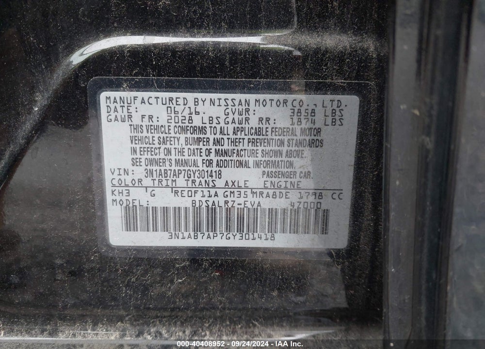 2016 NISSAN SENTRA SR VIN: 3N1AB7AP7GY301418