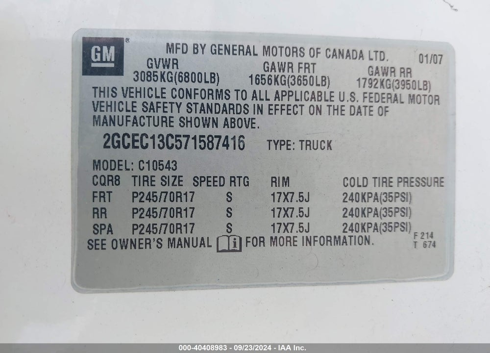 2007 CHEVROLET SILVERADO 1500 VIN: 2GCEC13C571587416