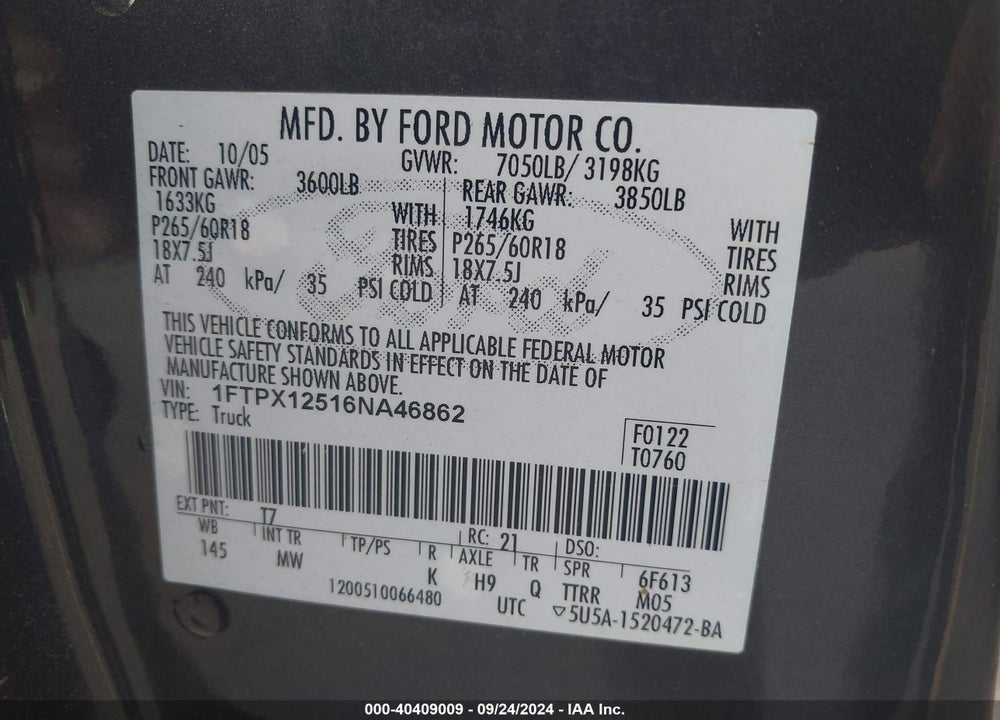 2006 FORD F-150 LARIAT/XL/XLT VIN: 1FTPX12516NA46862