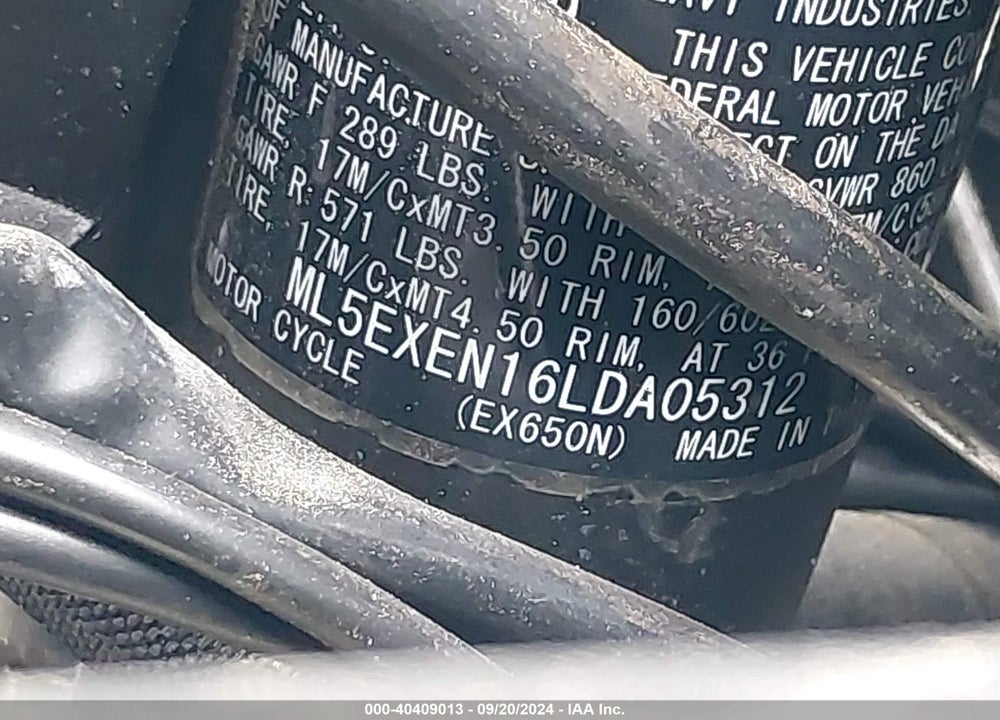 2020 KAWASAKI EX650 N VIN: ML5EXEN16LDA05312