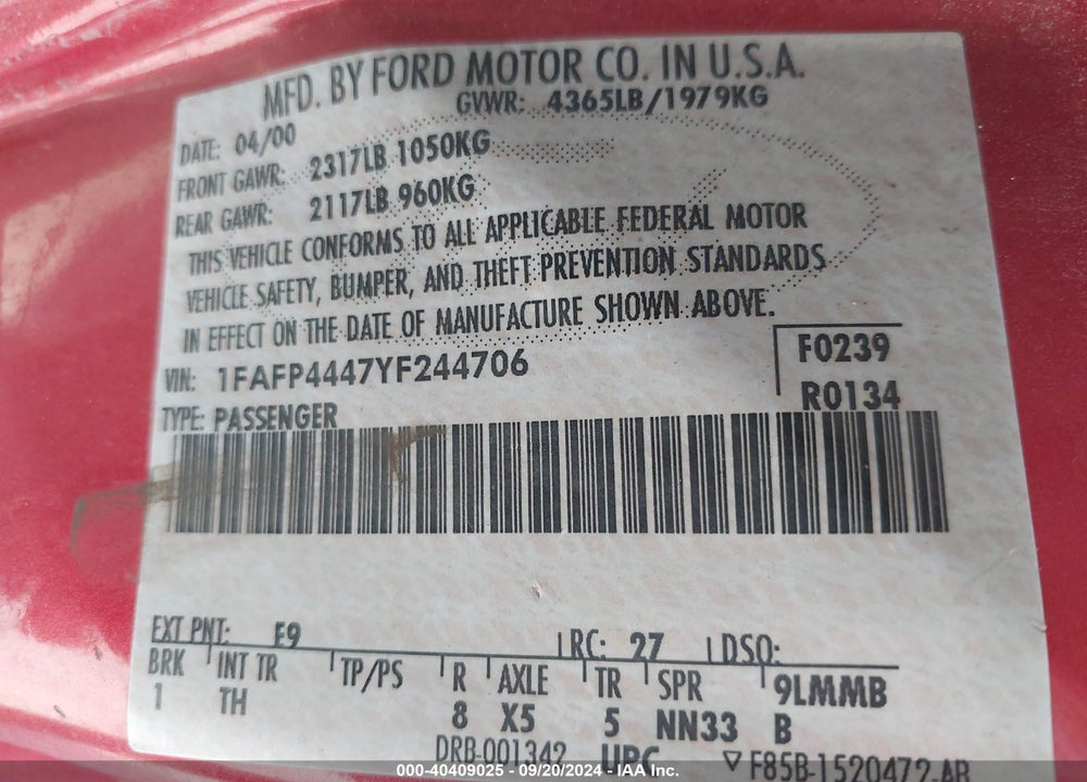 2000 FORD MUSTANG VIN: 1FAFP4447YF244706