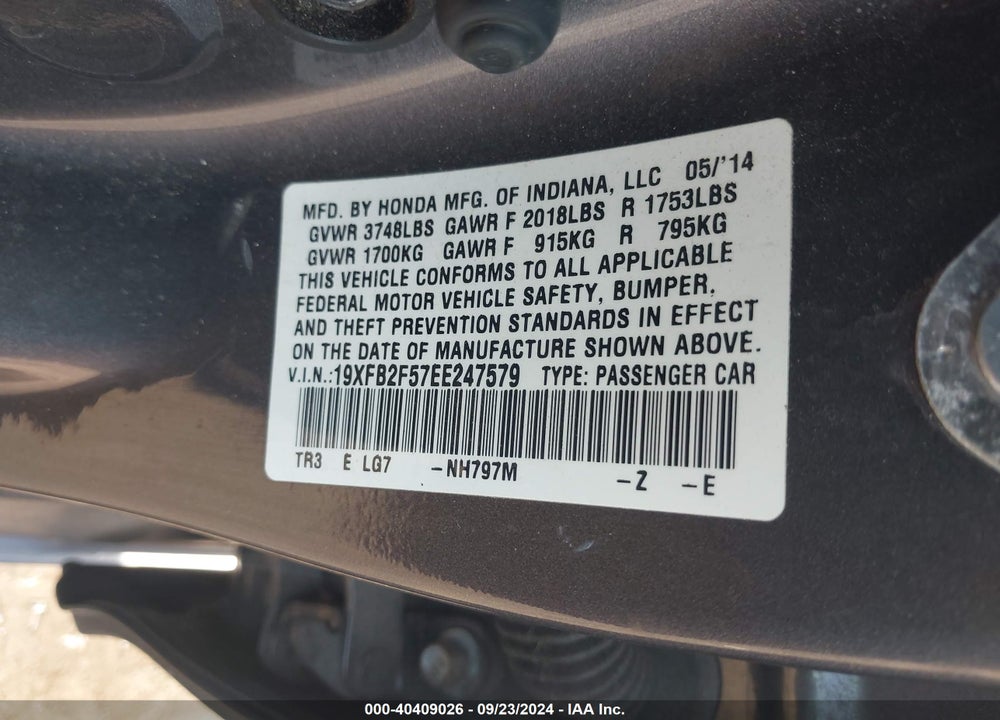 2014 HONDA CIVIC LX VIN: 19XFB2F57EE247579
