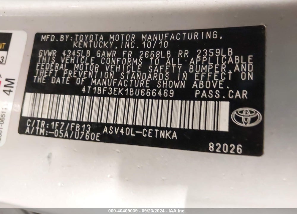 2011 TOYOTA CAMRY LE VIN: 4T1BF3EK1BU666469