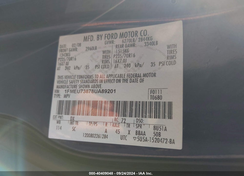 2008 FORD EXPLORER XLT VIN: 1FMEU73878UA89201