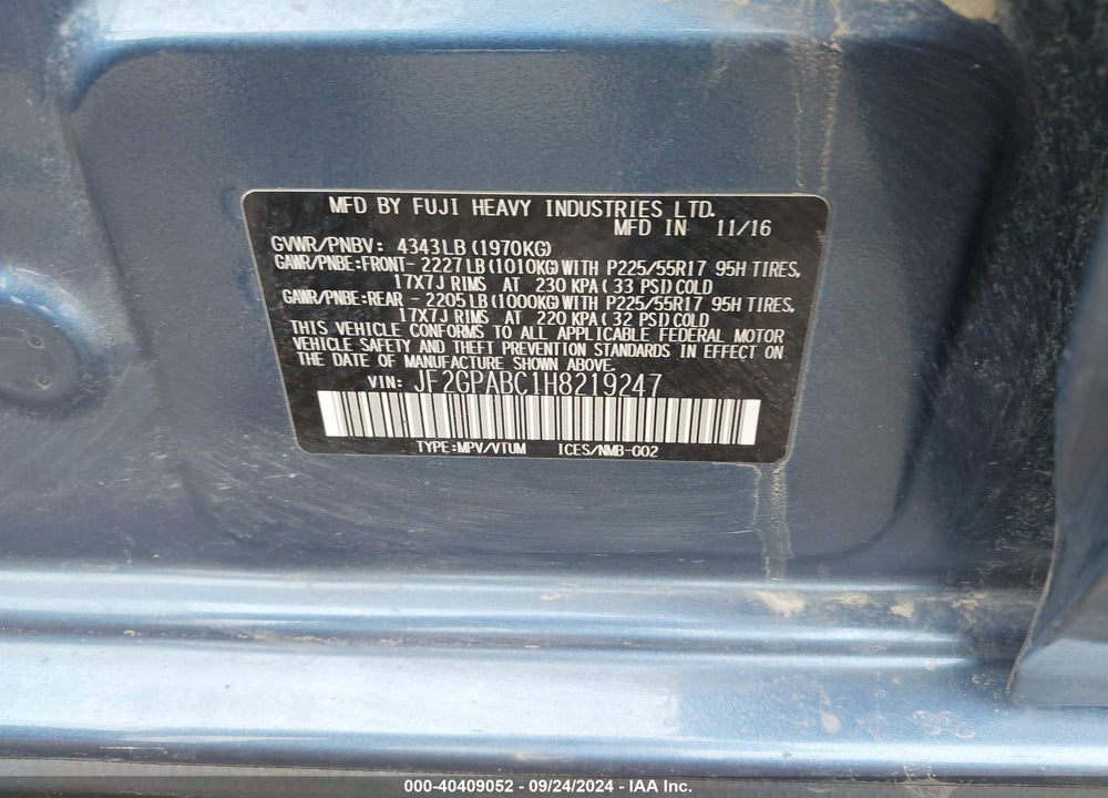 2017 SUBARU CROSSTREK 2.0I PREMIUM VIN: JF2GPABC1H8219247