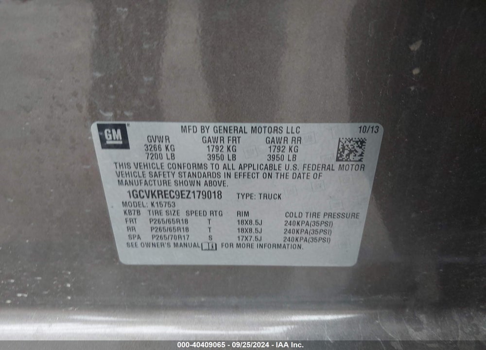 2014 CHEVROLET SILVERADO 1500 2LT VIN: 1GCVKREC9EZ179018