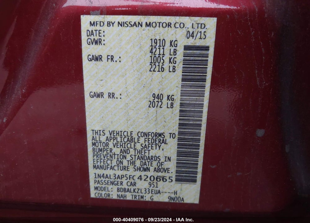 2015 NISSAN ALTIMA VIN: 1N4AL3AP5FC420665