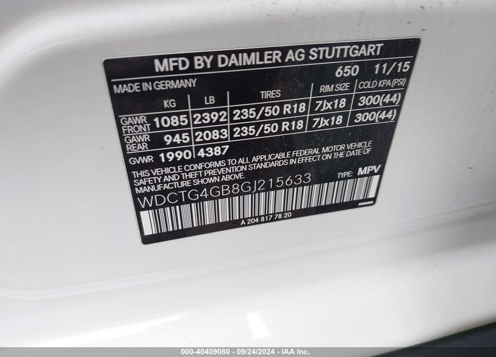2016 MERCEDES-BENZ GLA 250 4MATIC VIN: WDCTG4GB8GJ215633