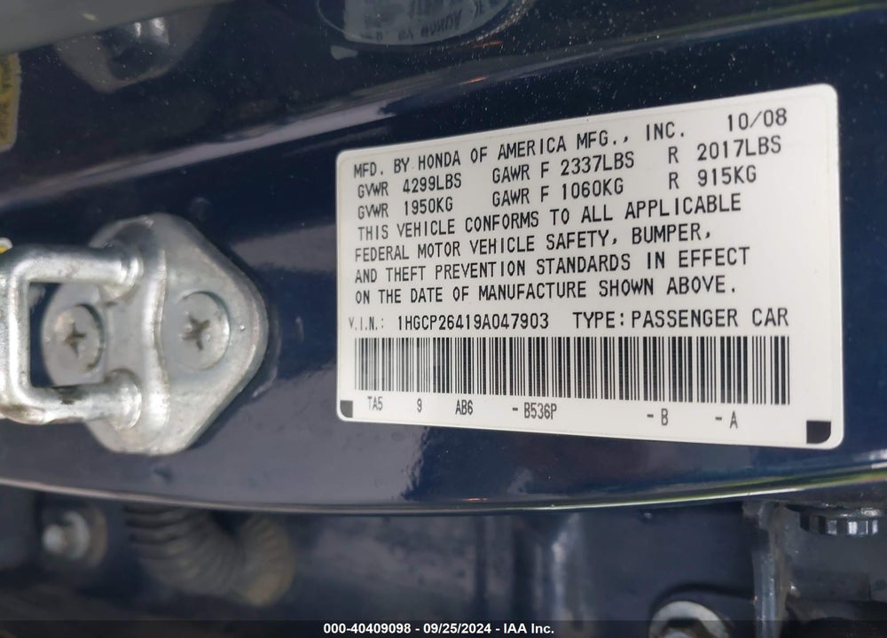 2009 HONDA ACCORD 2.4 LX-P VIN: 1HGCP26419A047903