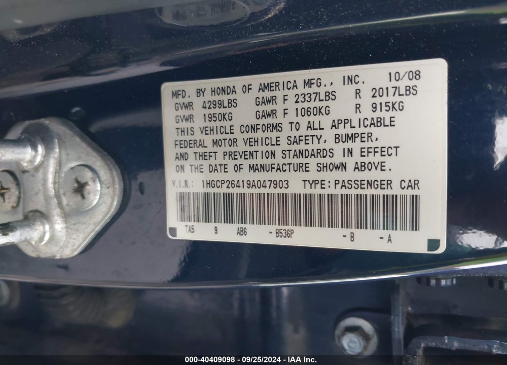 2009 HONDA ACCORD 2.4 LX-P VIN: 1HGCP26419A047903
