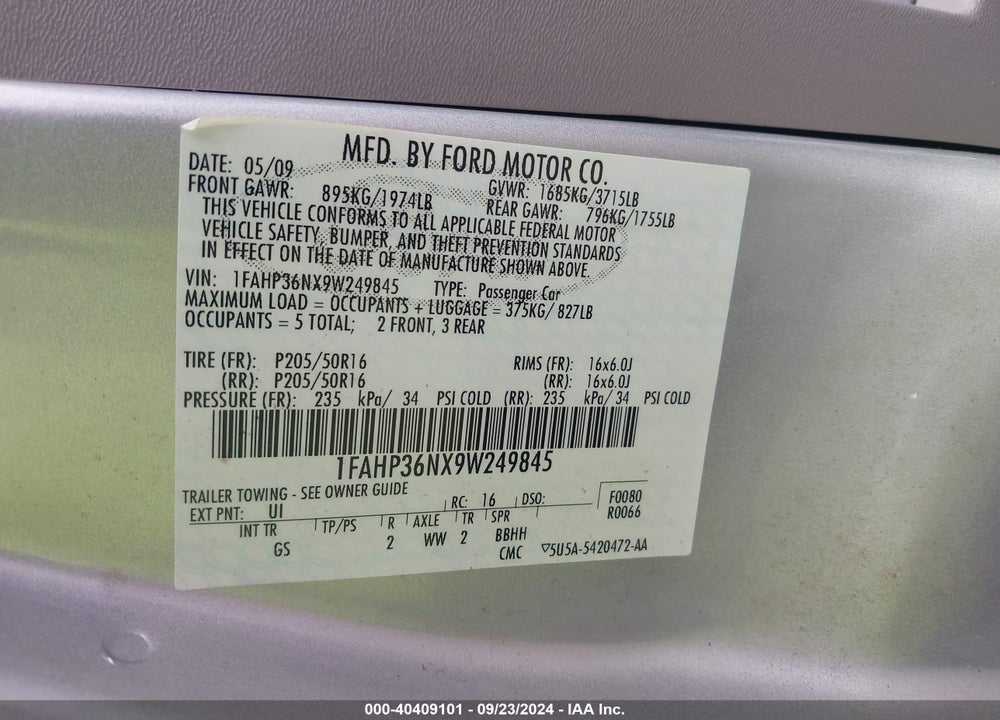2009 FORD FOCUS SES VIN: 1FAHP36NX9W249845