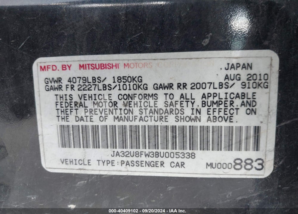 2011 MITSUBISHI LANCER GTS VIN: JA32U8FW3BU005338