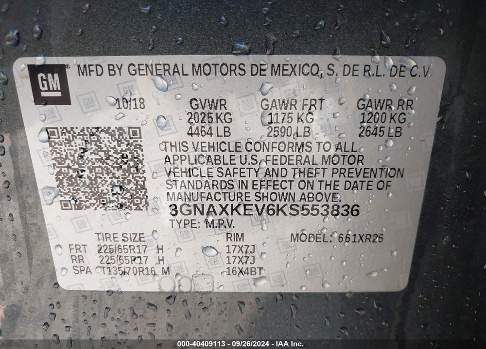 2019 CHEVROLET EQUINOX LT VIN: 3GNAXKEV6KS553836