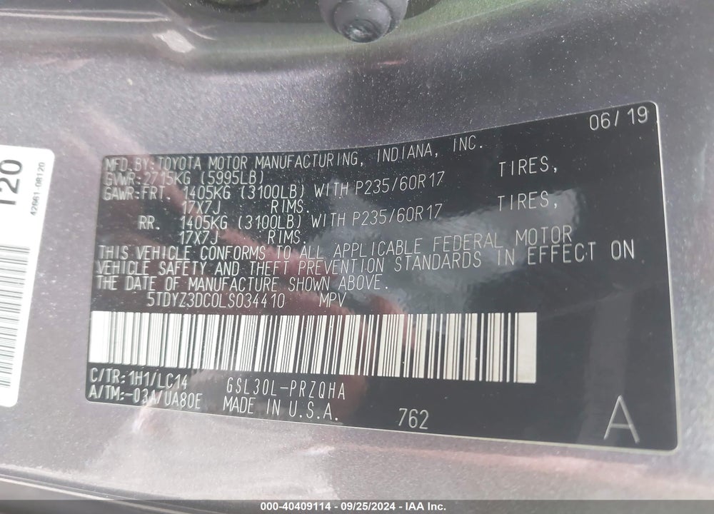 2020 TOYOTA SIENNA XLE VIN: 5TDYZ3DC0LS034410