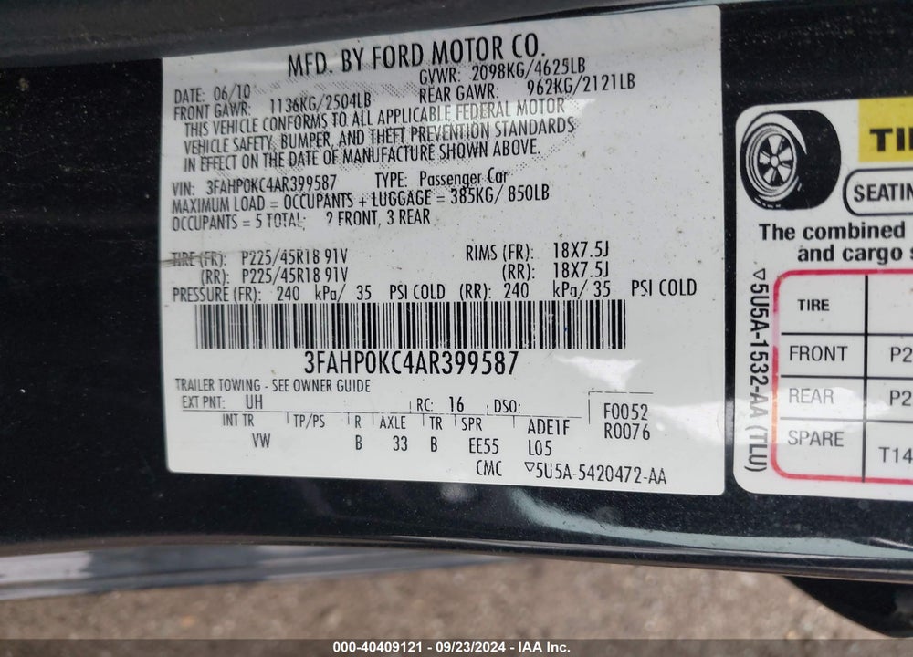 2010 FORD FUSION SPORT VIN: 3FAHP0KC4AR399587