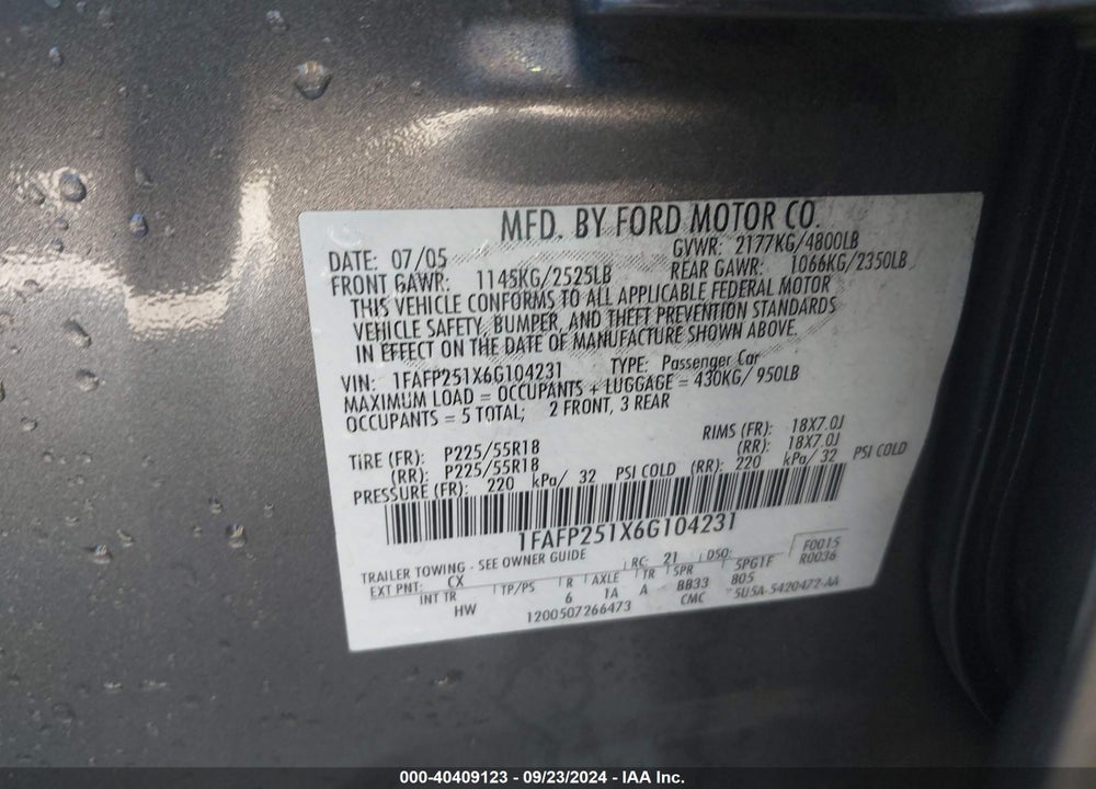 2006 FORD FIVE HUNDRED LIMITED VIN: 1FAFP251X6G104231