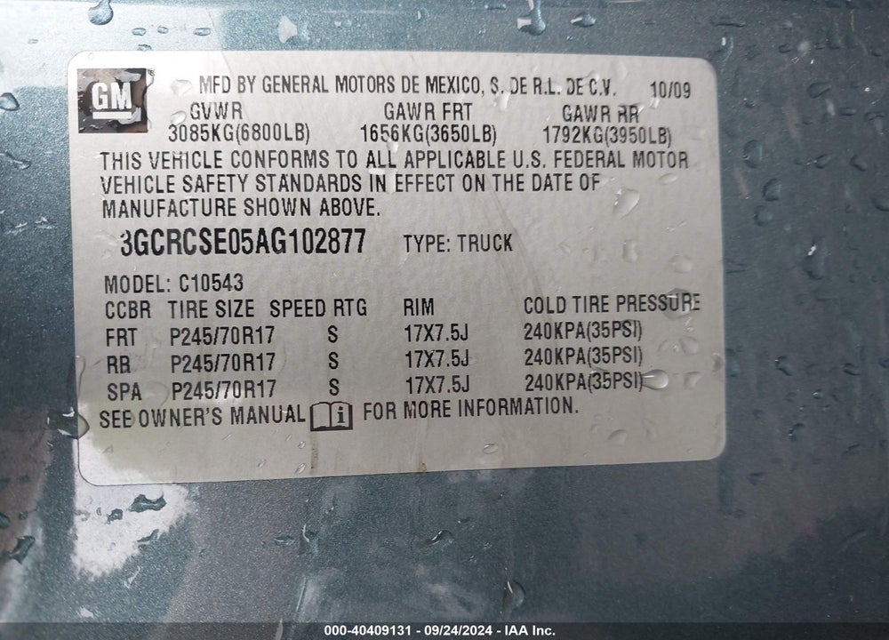2010 CHEVROLET SILVERADO 1500 LT VIN: 3GCRCSE05AG102877