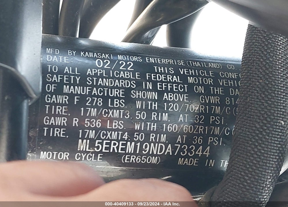 2022 KAWASAKI ER650 M VIN: ML5EREM19NDA73344