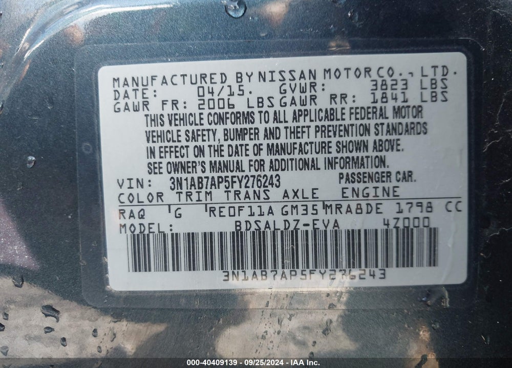 2015 NISSAN SENTRA SV VIN: 3N1AB7AP5FY276243