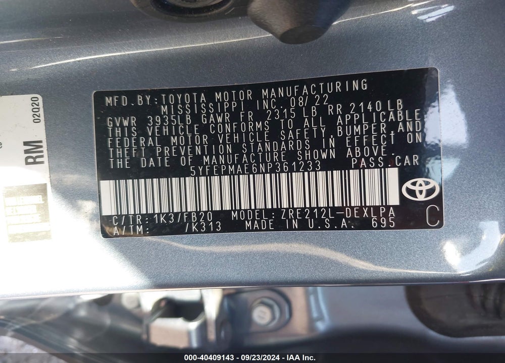 2022 TOYOTA COROLLA LE VIN: 5YFEPMAE6NP361233