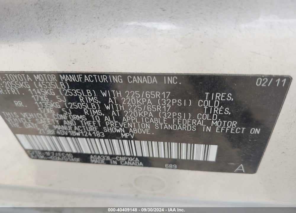 2011 TOYOTA RAV4 VIN: 2T3BF4DV1BW124183