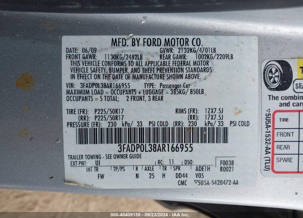 2010 FORD FUSION HYBRID VIN: 3FADP0L38AR166955