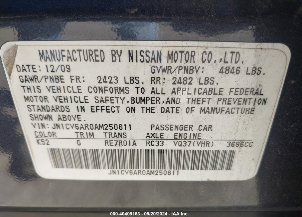 2010 INFINITI G37X VIN: JN1CV6AR0AM250611
