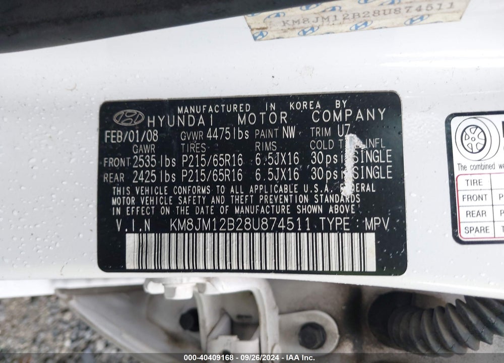 2008 HYUNDAI TUCSON VIN: KM8JM12B28U874511