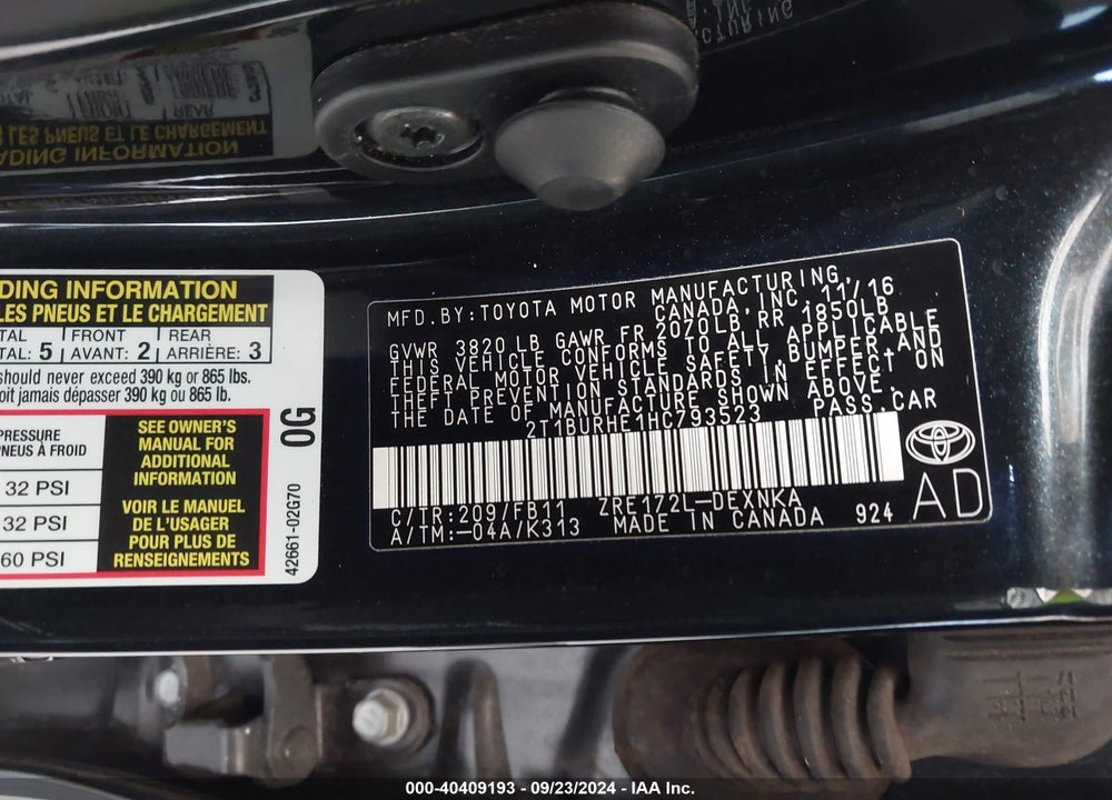2017 TOYOTA COROLLA LE VIN: 2T1BURHE1HC793523
