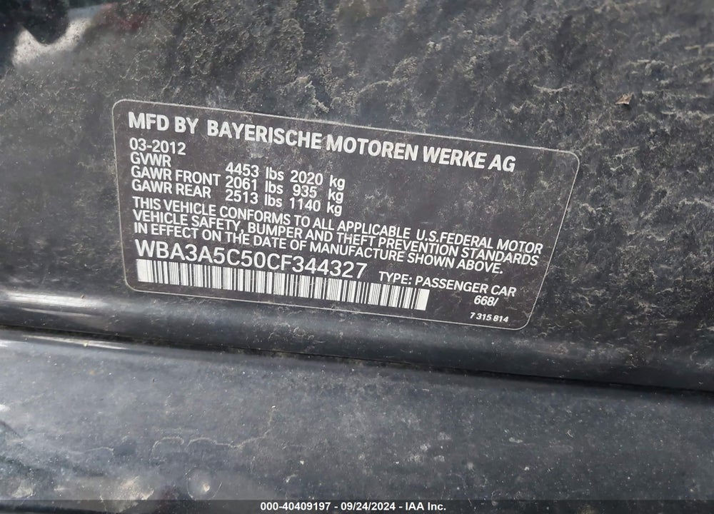 2012 BMW 328I VIN: WBA3A5C50CF344327