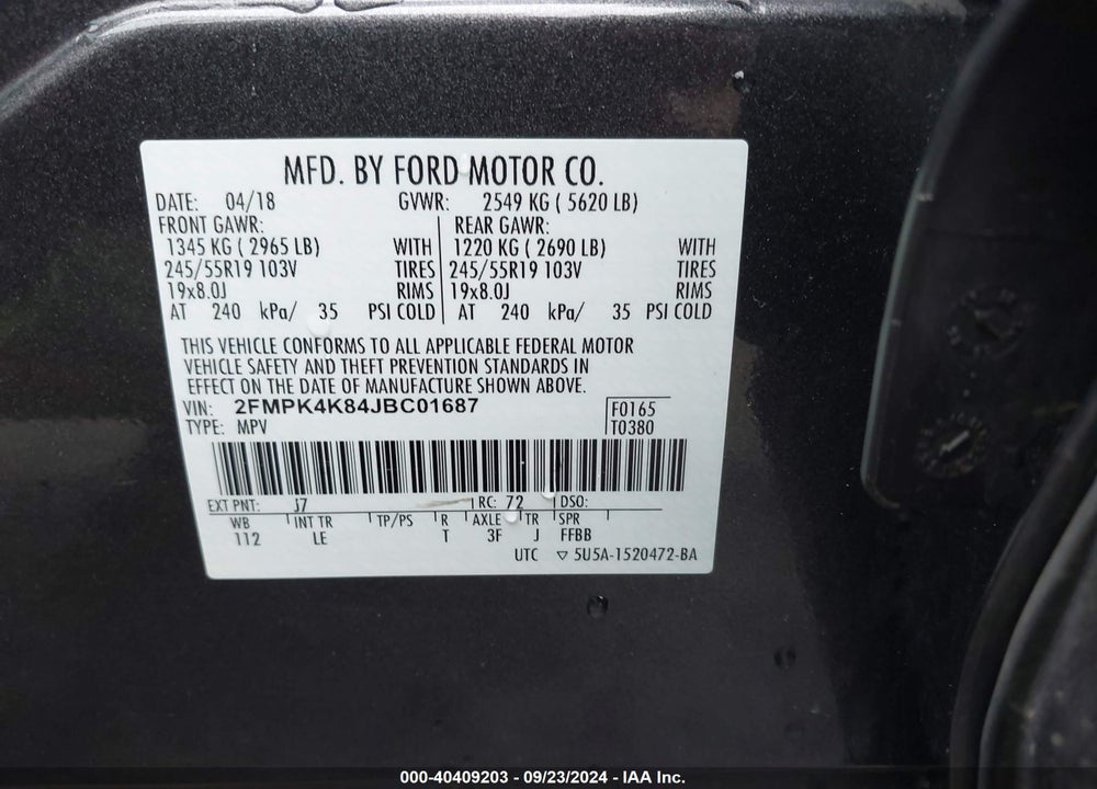 2018 FORD EDGE TITANIUM VIN: 2FMPK4K84JBC01687