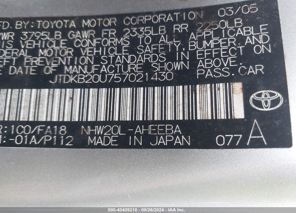 2005 TOYOTA PRIUS VIN: JTDKB20U757021430