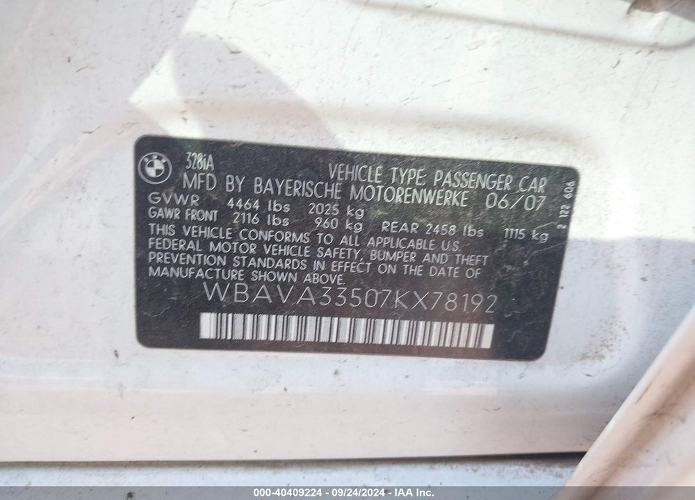 2007 BMW 328I VIN: WBAVA33507KX78192