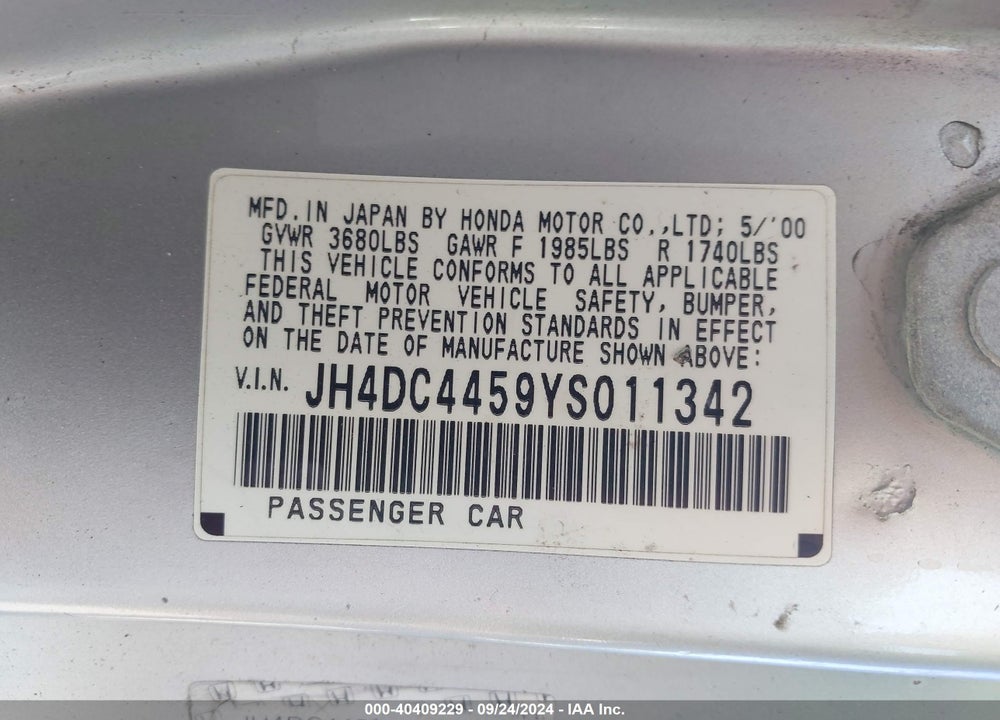 2000 ACURA INTEGRA LS VIN: JH4DC4459YS011342