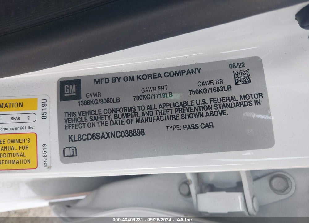 2022 CHEVROLET SPARK FWD 1LT AUTOMATIC VIN: KL8CD6SAXNC036898