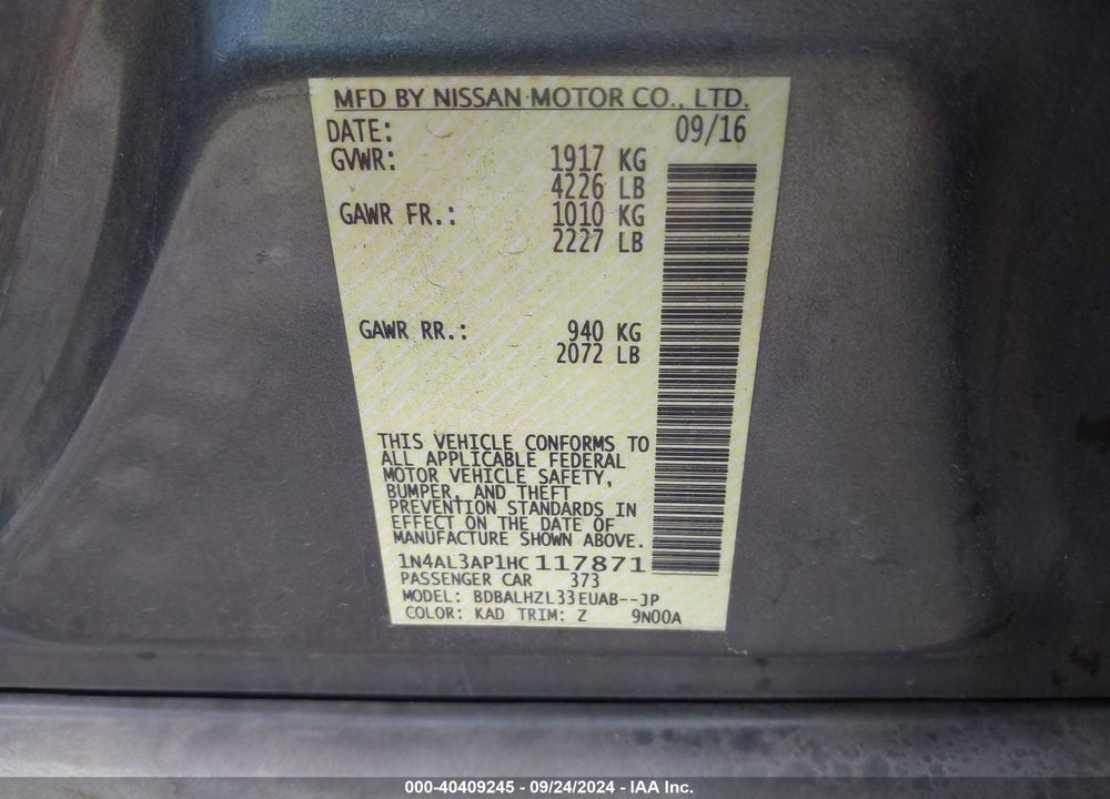 2017 NISSAN ALTIMA 2.5 SR VIN: 1N4AL3AP1HC117871
