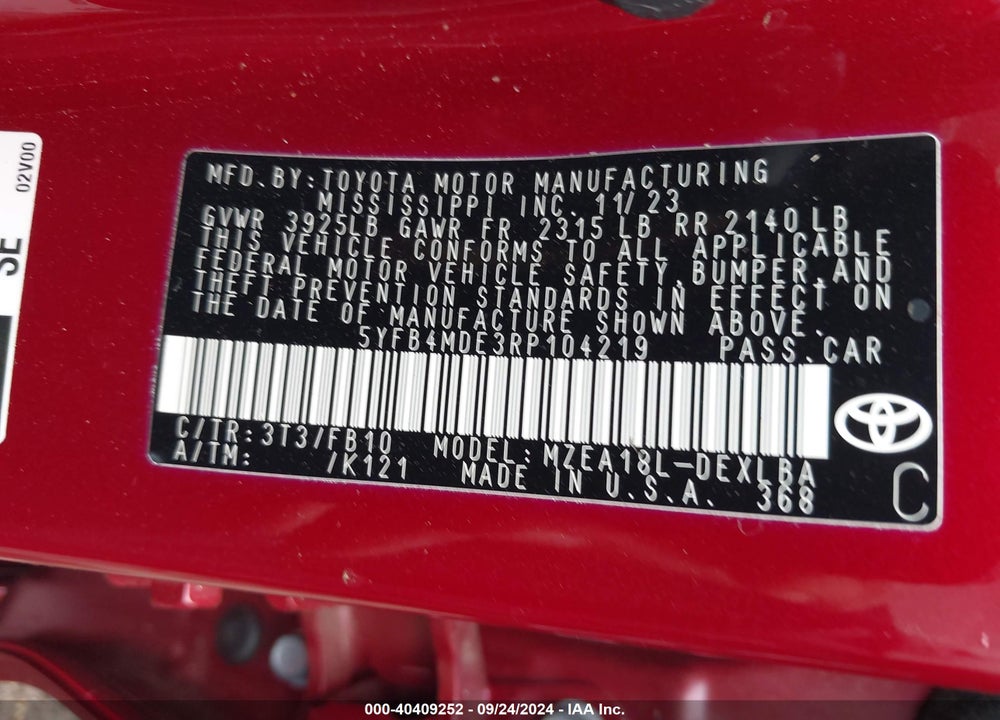 2024 TOYOTA COROLLA LE VIN: 5YFB4MDE3RP104219
