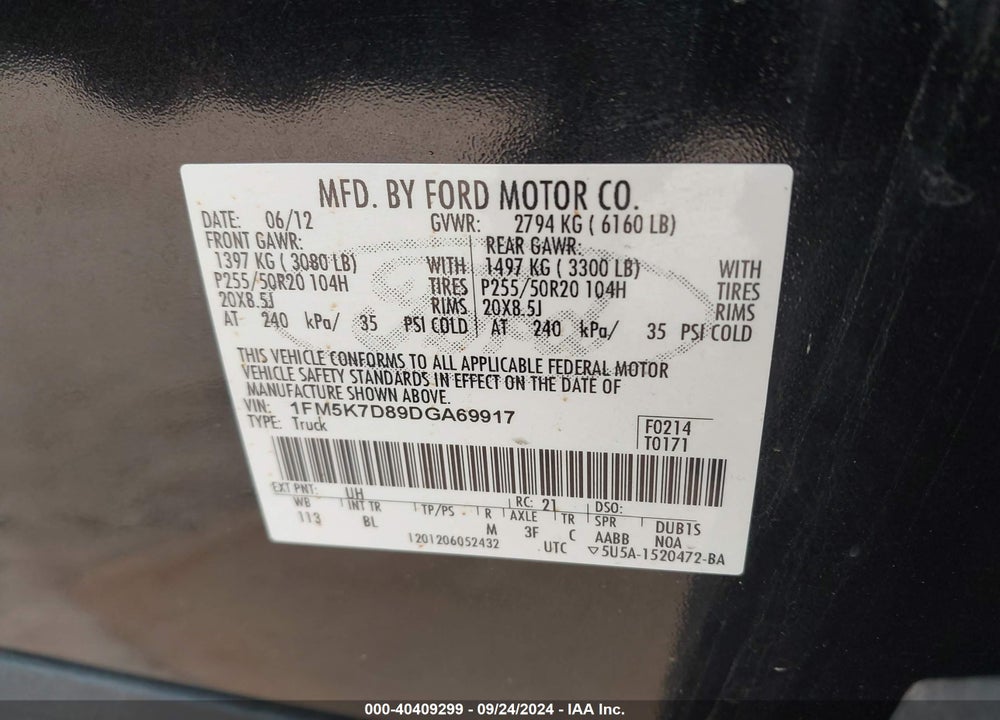 2013 FORD EXPLORER XLT VIN: 1FM5K7D89DGA69917