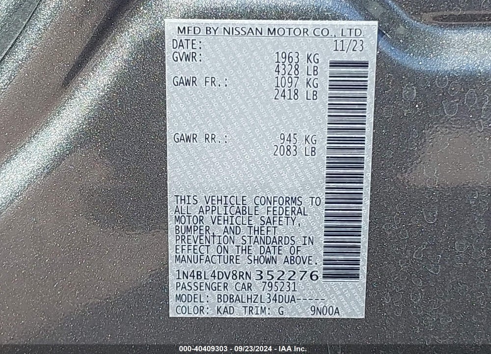 2024 NISSAN ALTIMA VIN: 1N4BL4DV8RN352276