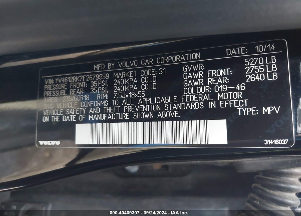 2015 VOLVO XC60 T5/T5 PREMIER VIN: YV4612RK7F2679959