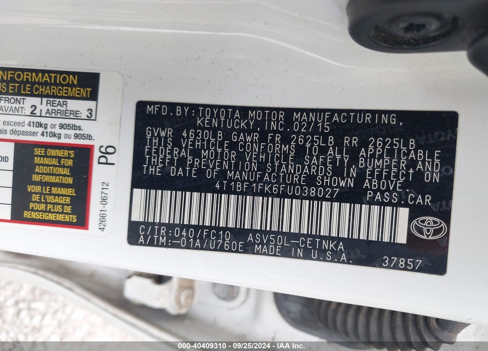 2015 TOYOTA CAMRY LE VIN: 4T1BF1FK6FU038027