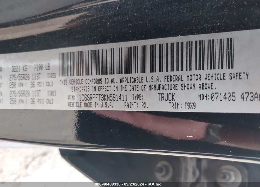 2019 RAM 1500 VIN: 1C6SRFFT3KN591411
