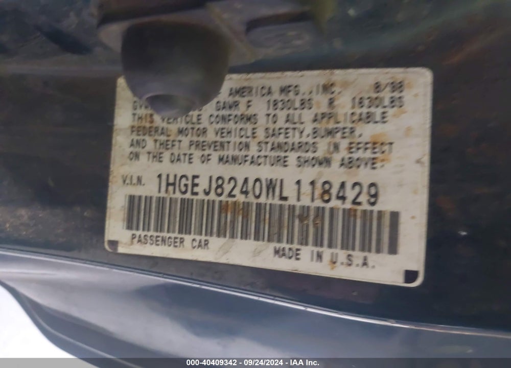 1998 HONDA CIVIC EX VIN: 1HGEJ8240WL118429
