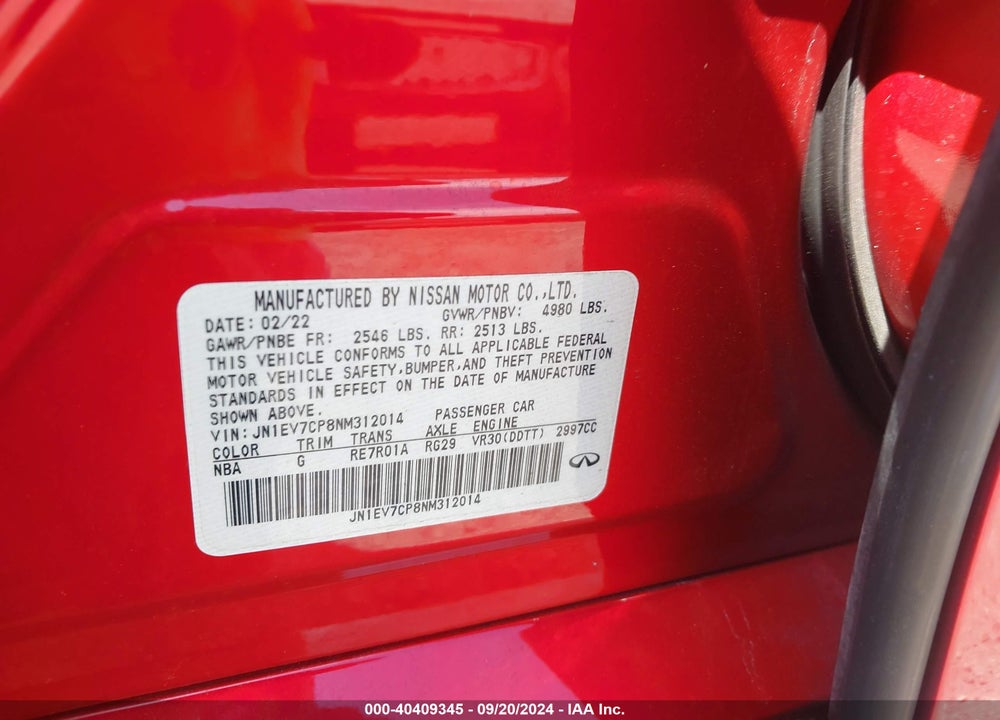 2022 INFINITI Q50 SENSORY VIN: JN1EV7CP8NM312014