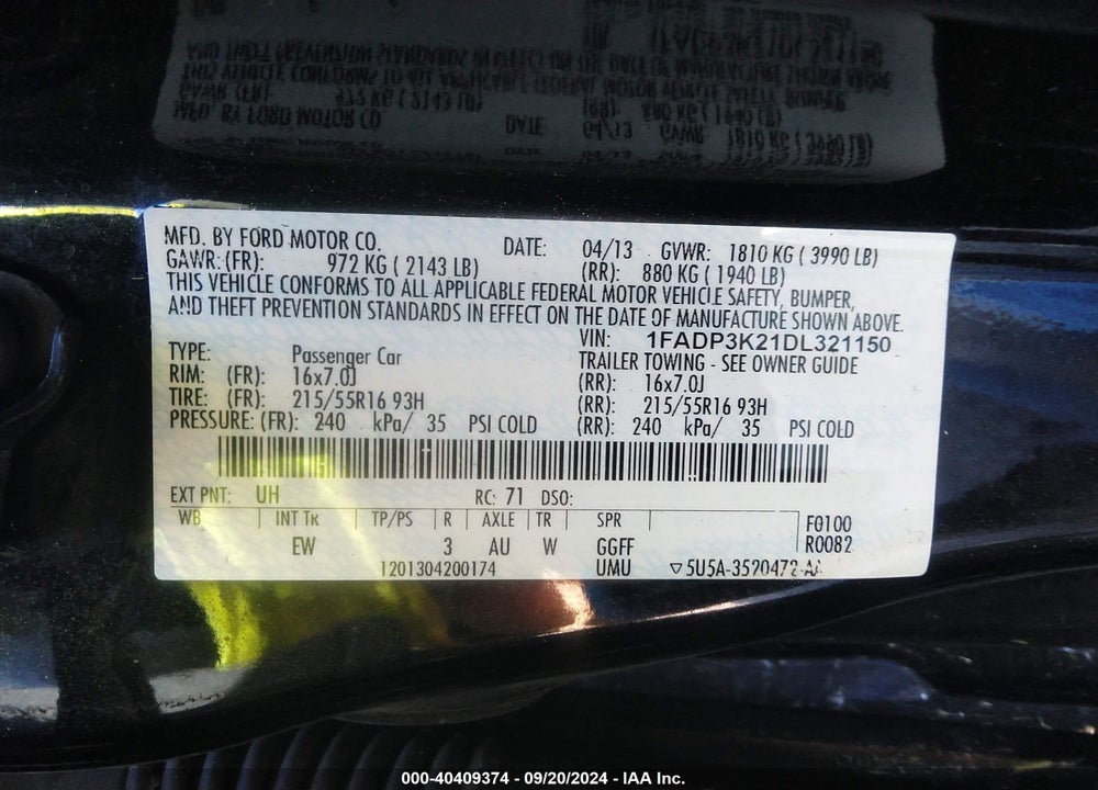 2013 FORD FOCUS SE VIN: 1FADP3K21DL321150
