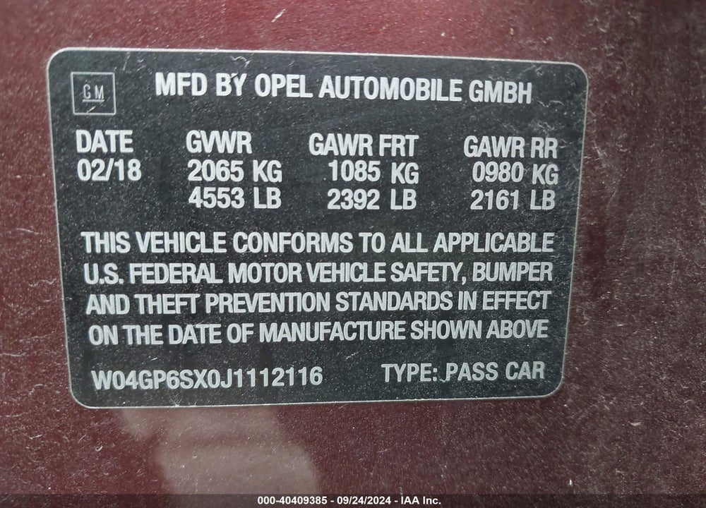 2018 BUICK REGAL SPORTBACK ESSENCE VIN: W04GP6SX0J1112116